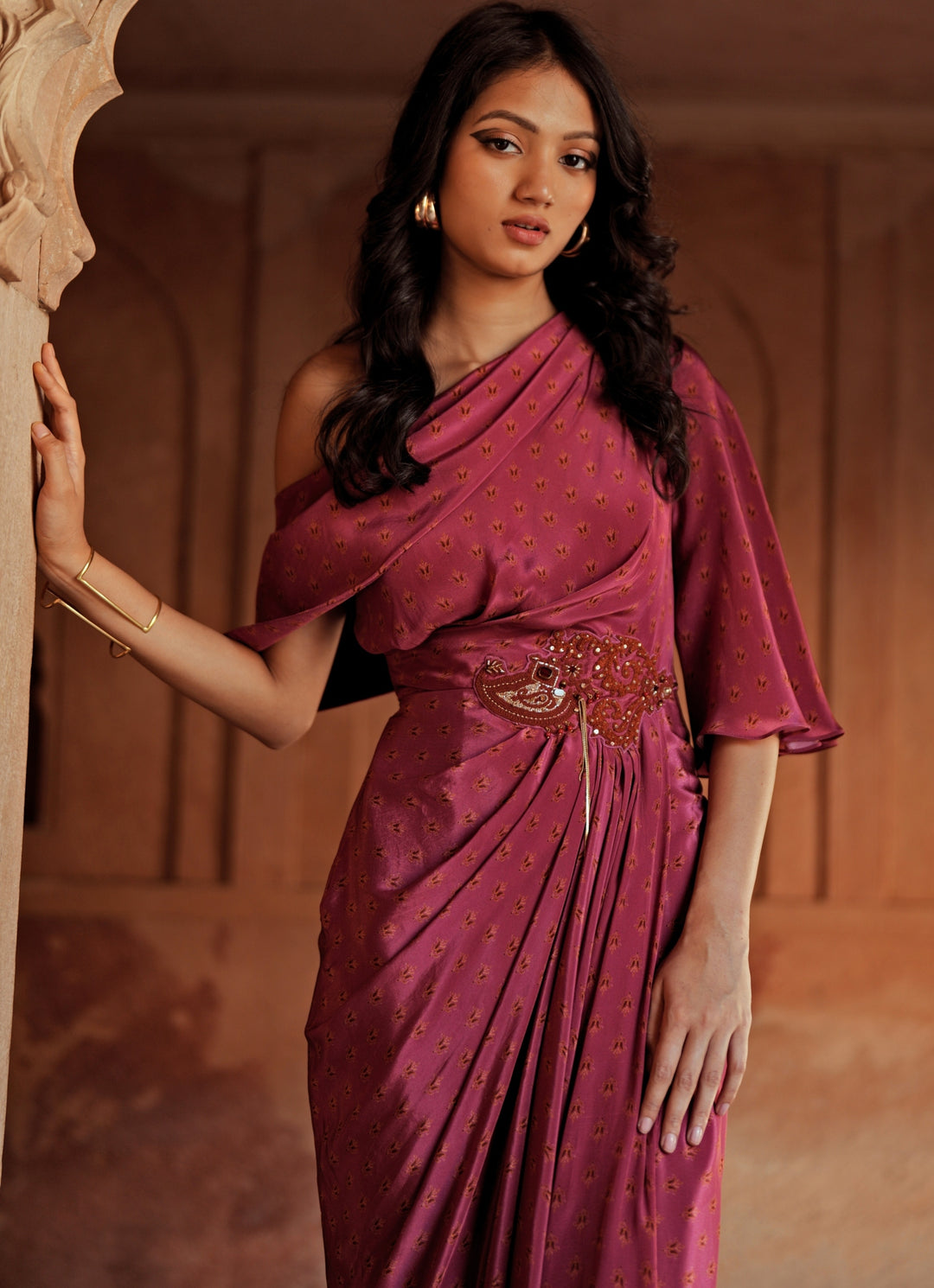 Pink Printed Crepe One Shoulder Drape Dress