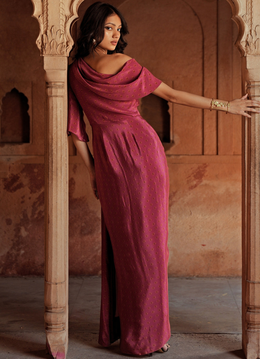 Pink Printed Crepe One Shoulder Drape Dress