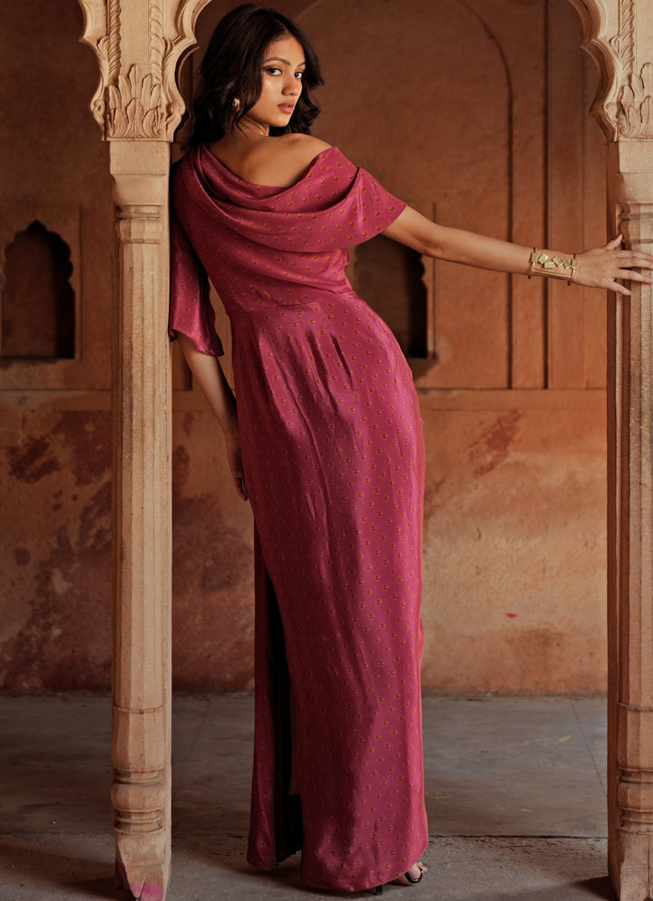 Pink Printed Crepe One Shoulder Drape Dress