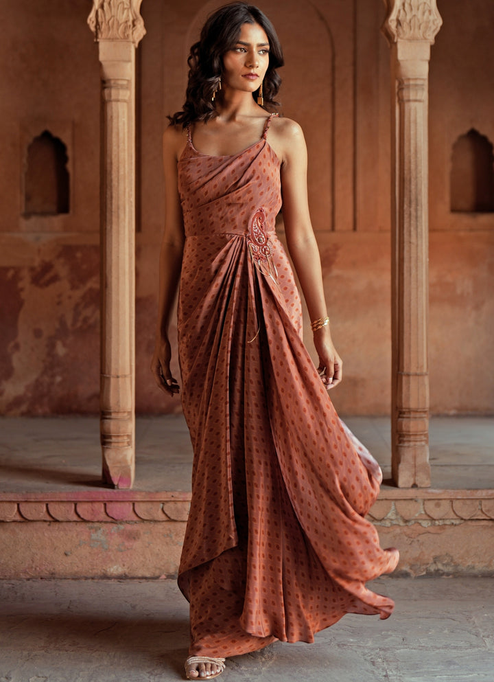 Beige Printed Crepe Drape Dress