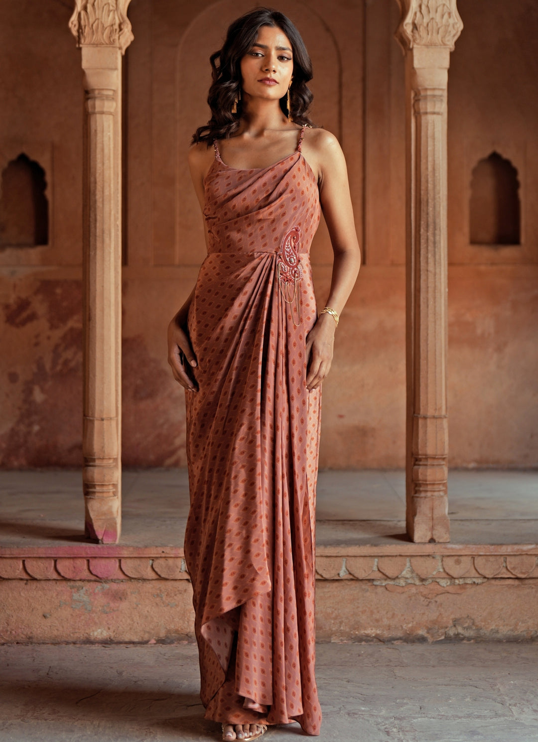 Isha Gupta Tayal Beige Printed Crepe Drape Dress Fabilicious Fashion Isha Gupta Tayal Beige Printed Crepe Drape Dress Fabilicious Fashion
