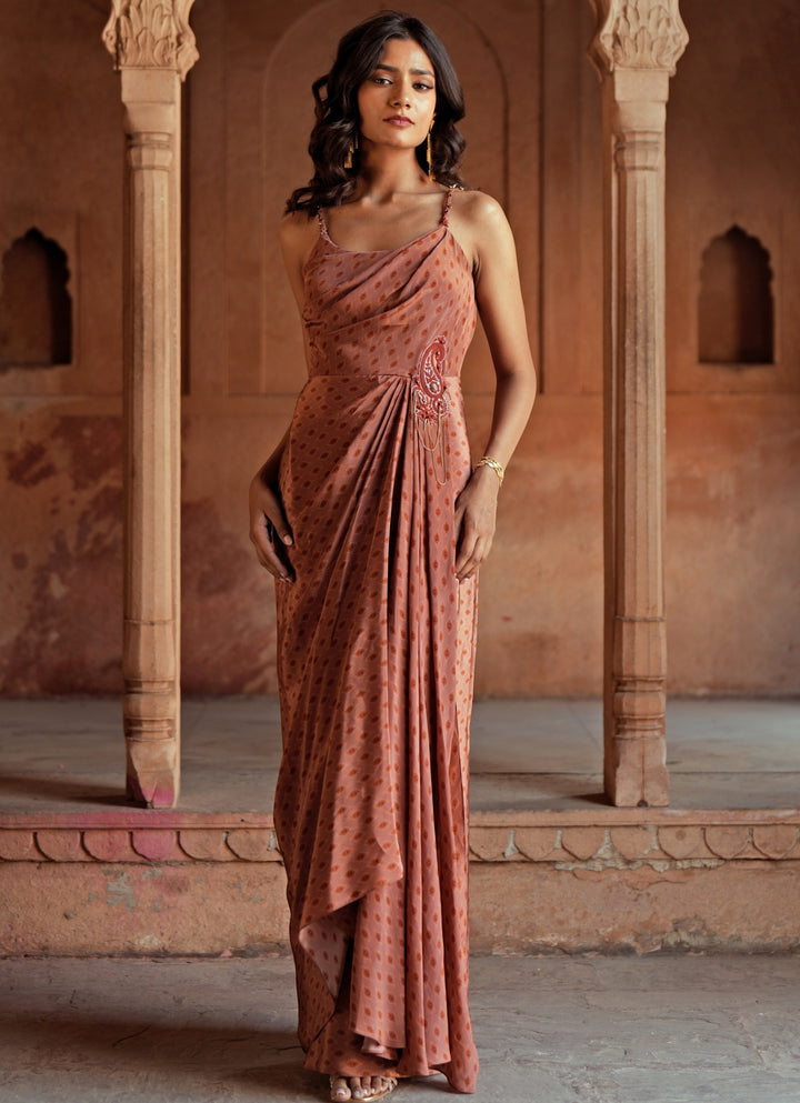 Beige Printed Crepe Drape Dress