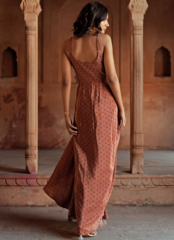 Beige Printed Crepe Drape Dress