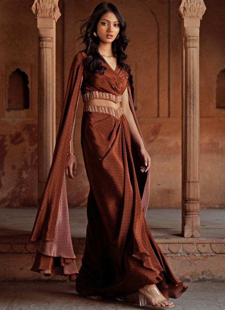 Brown Printed Crepe Drape Skirt Set