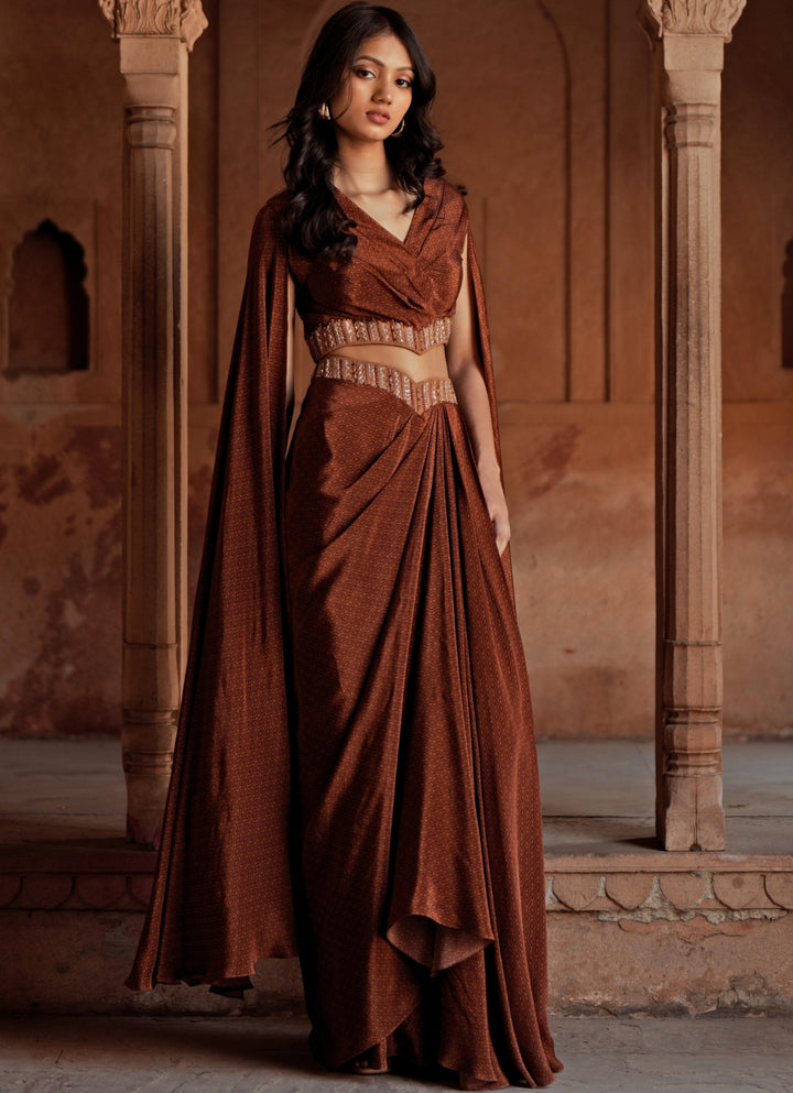 Brown Printed Crepe Drape Skirt Set