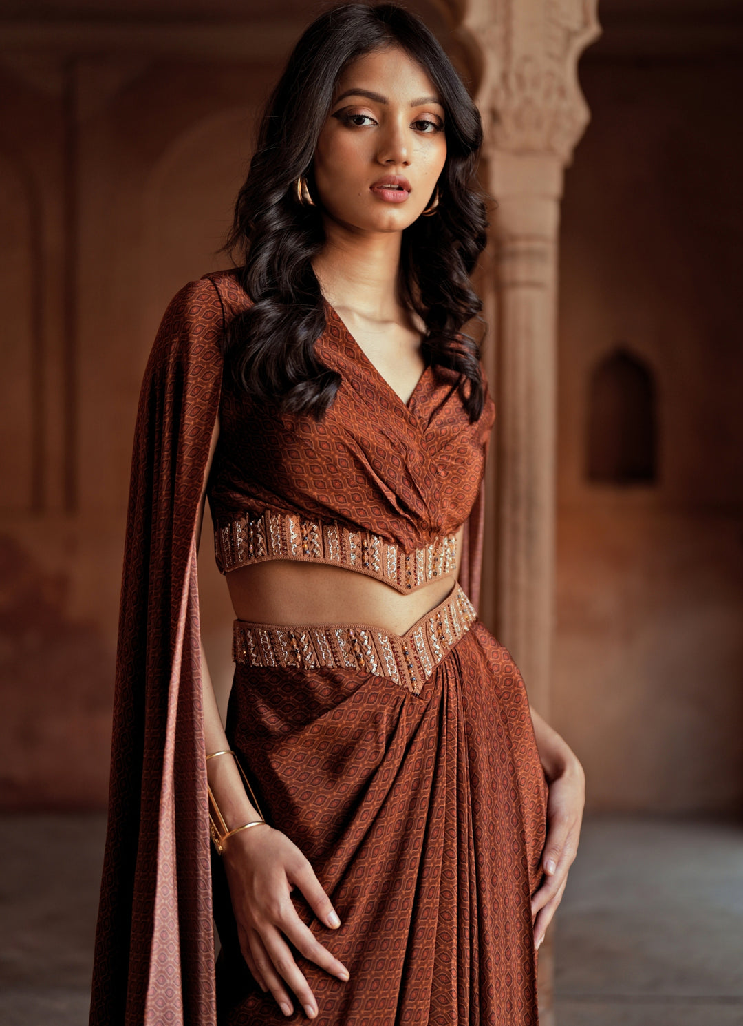 Brown Printed Crepe Drape Skirt Set