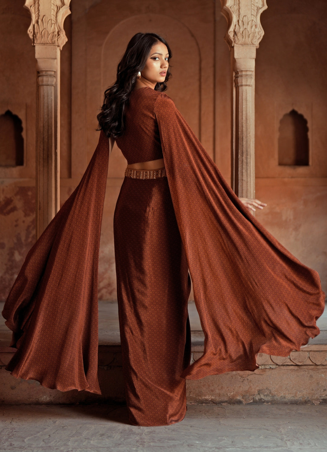 Brown Printed Crepe Drape Skirt Set