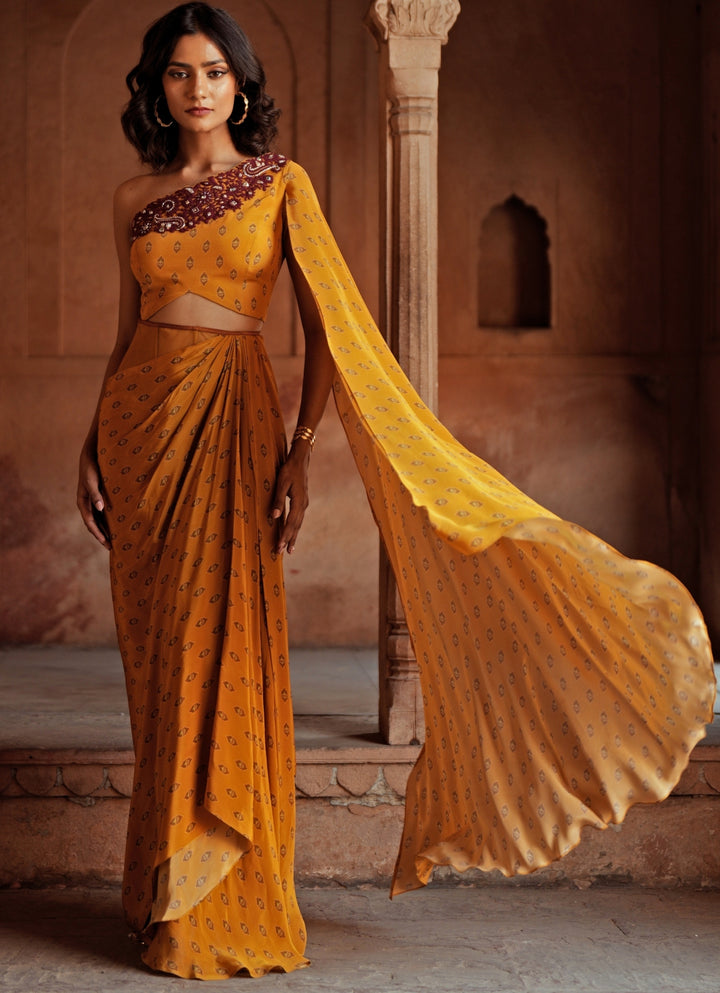 Yellow One Shoulder Printed Drape Skirt