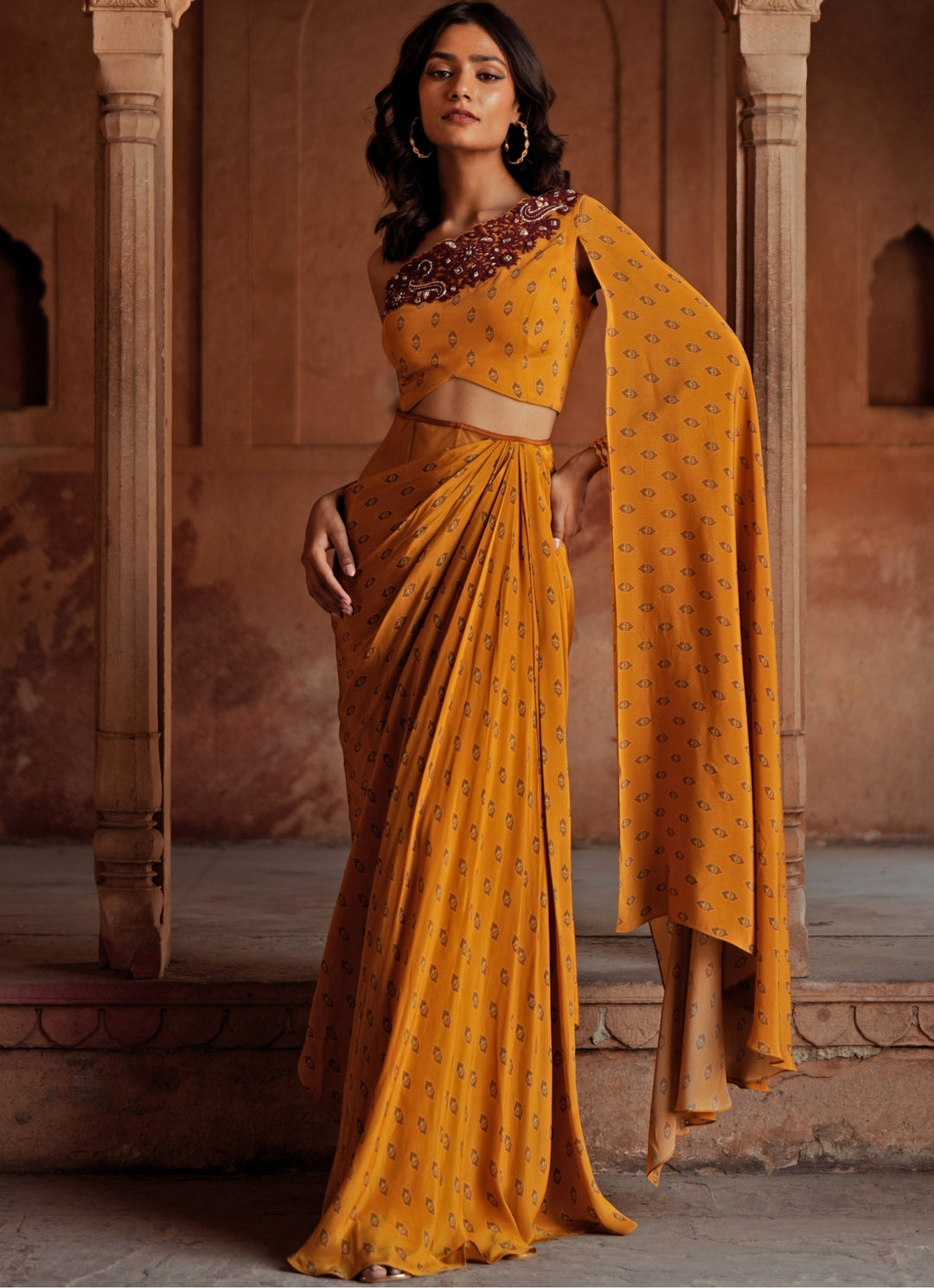 Yellow One Shoulder Printed Drape Skirt