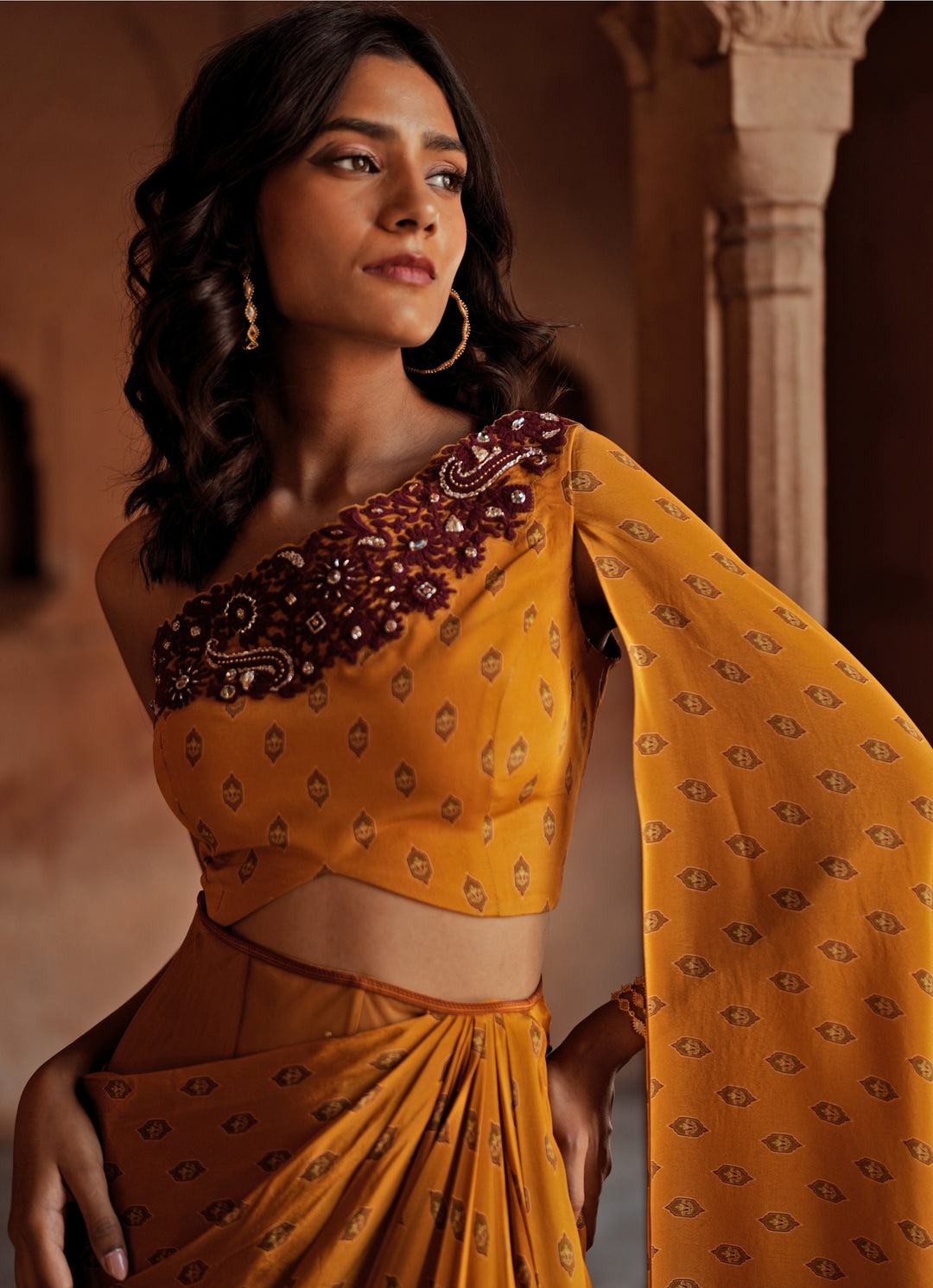 Yellow One Shoulder Printed Drape Skirt