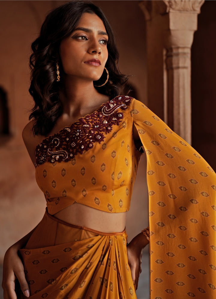 Yellow One Shoulder Printed Drape Skirt