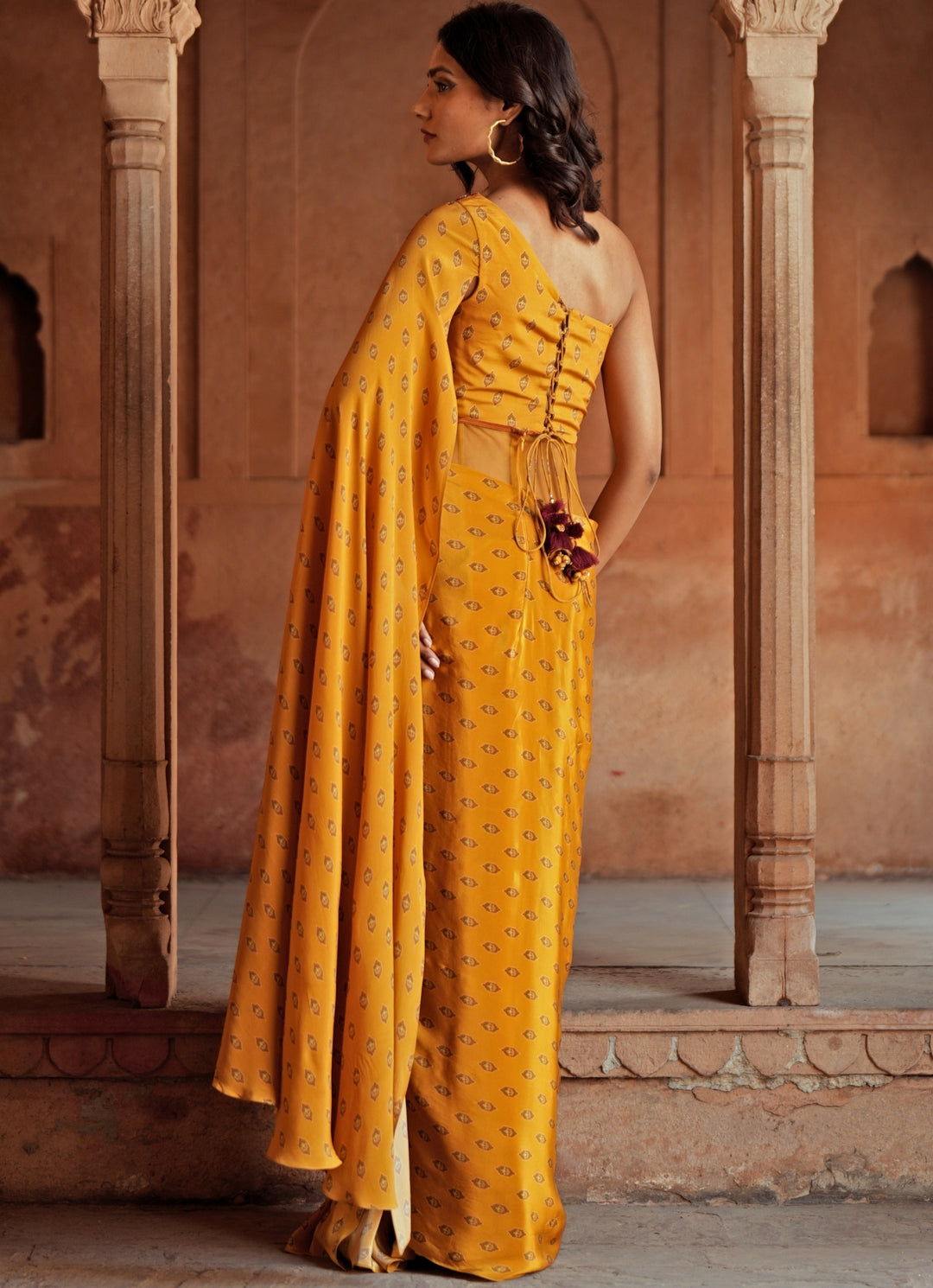 Yellow One Shoulder Printed Drape Skirt