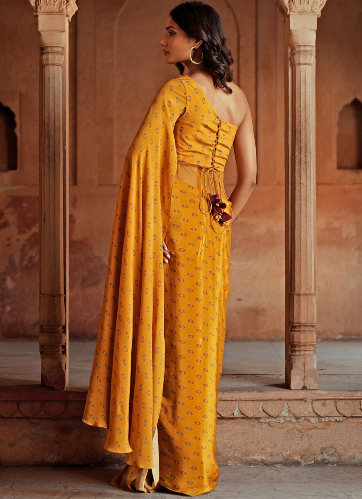 Yellow One Shoulder Printed Drape Skirt