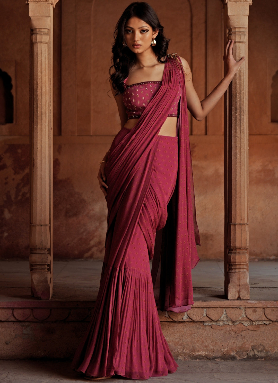 Hot Pink Predraped Georgette Saree Set