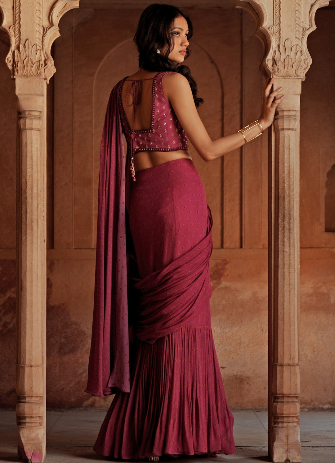 Hot Pink Predraped Georgette Saree Set