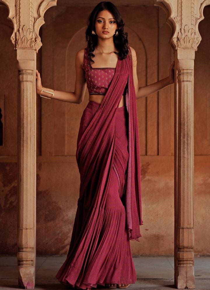 Hot Pink Predraped Georgette Saree Set