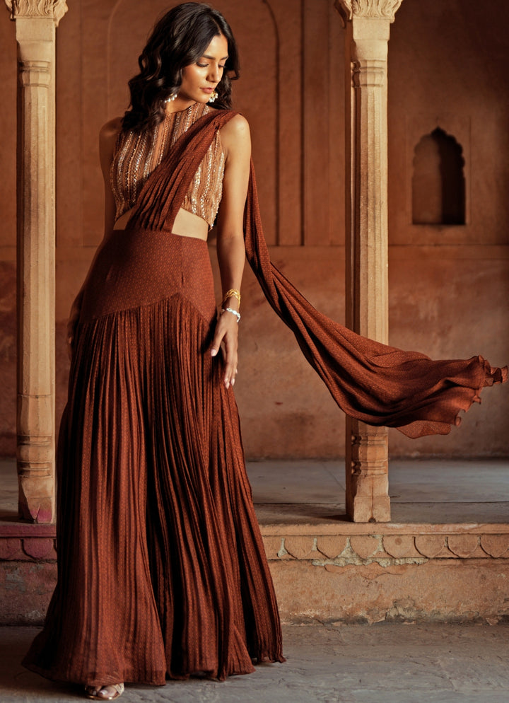 Brown Predraped Georgette Saree Set With Halter Blouse