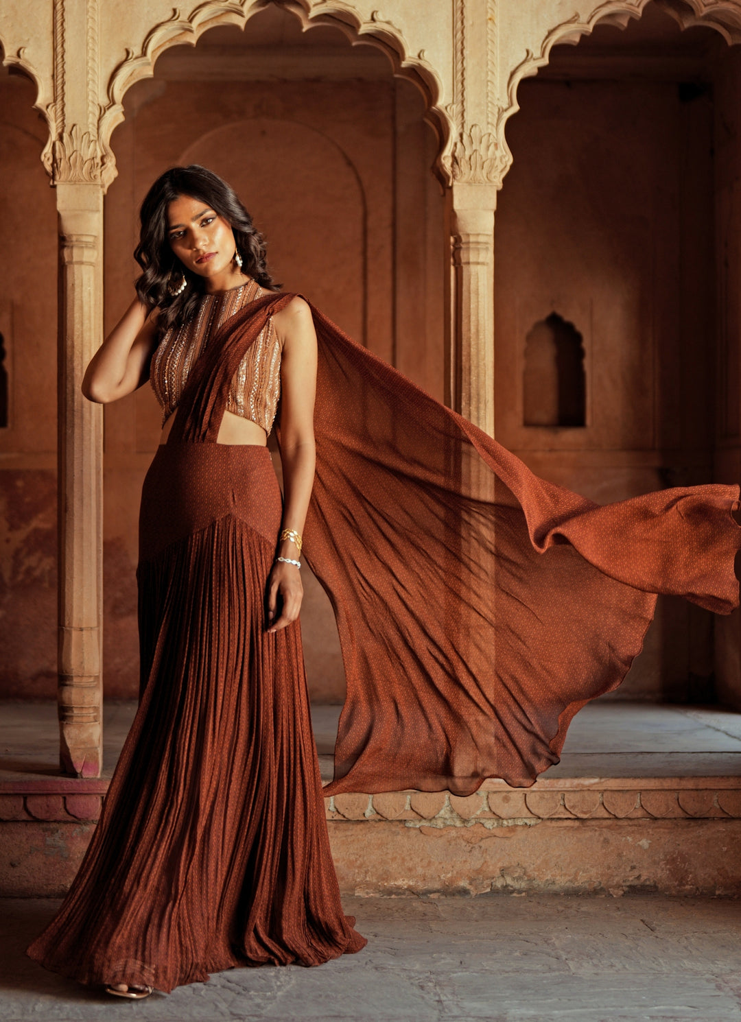 Brown Predraped Georgette Saree Set With Halter Blouse