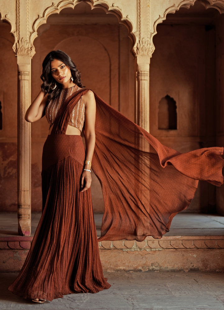 Brown Predraped Georgette Saree Set With Halter Blouse