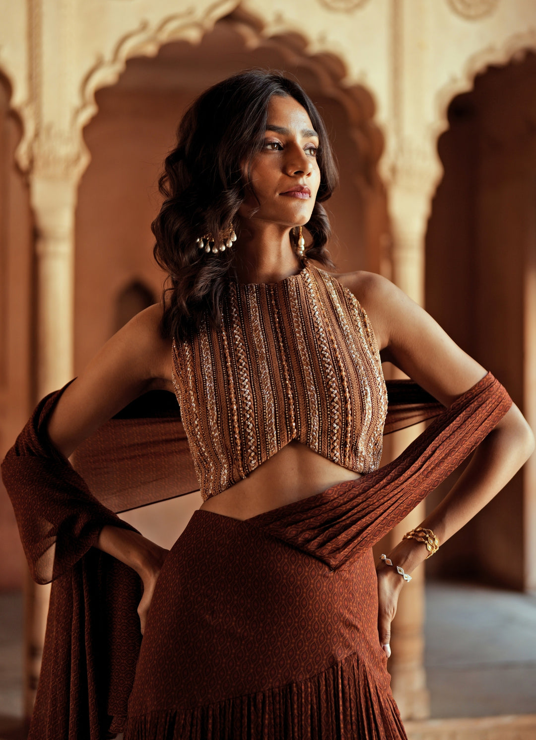 Brown Predraped Georgette Saree Set With Halter Blouse