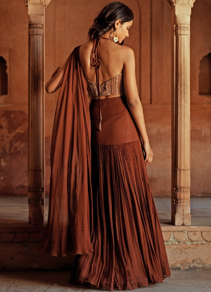 Brown Predraped Georgette Saree Set With Halter Blouse
