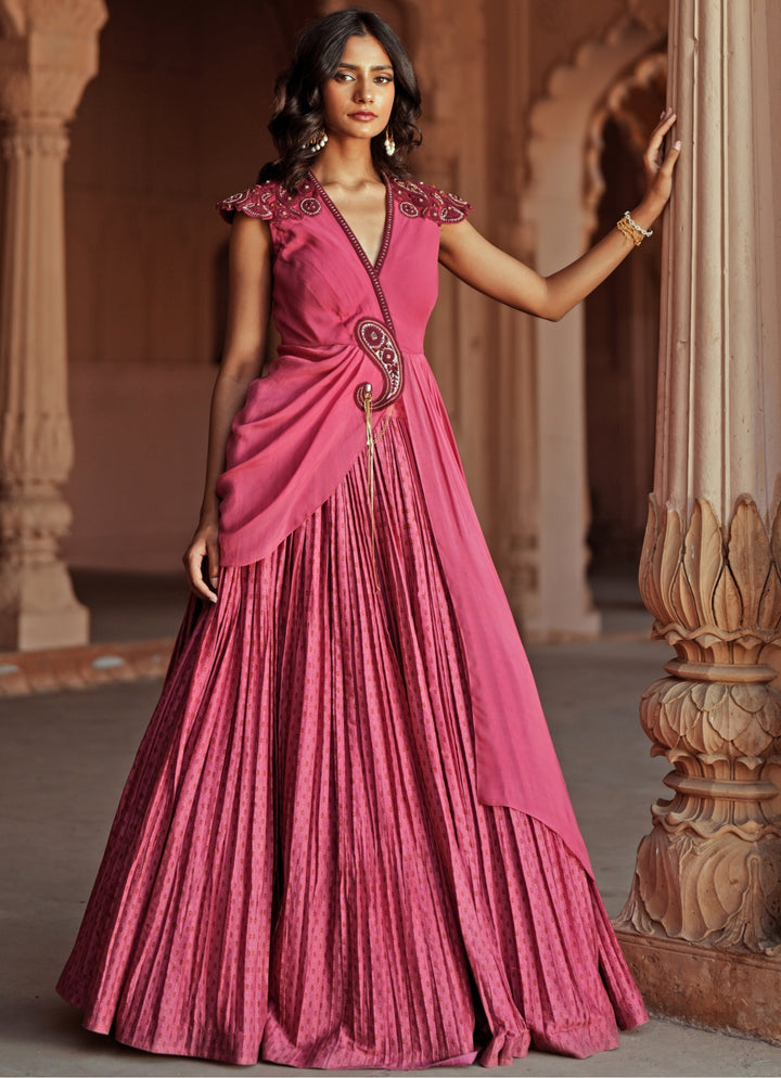 Pink Printed And Embroidered Chanderi Silk Lehenga Set