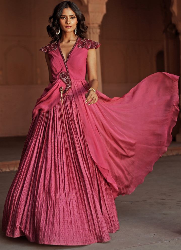 Pink Printed And Embroidered Chanderi Silk Lehenga Set