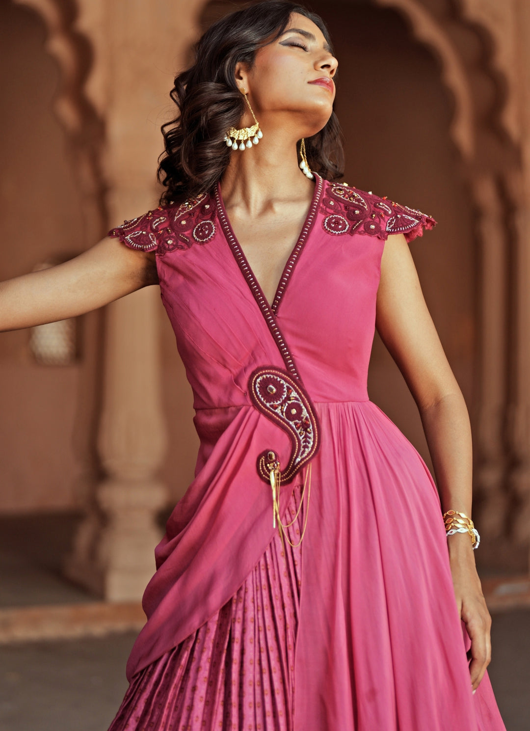 Pink Printed And Embroidered Chanderi Silk Lehenga Set