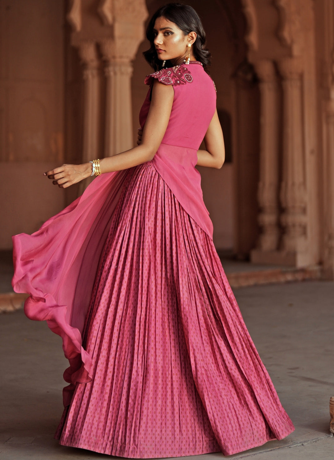 Pink Printed And Embroidered Chanderi Silk Lehenga Set