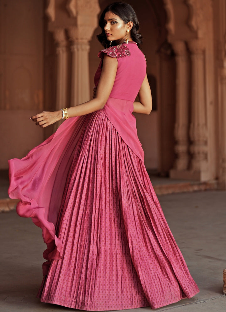 Pink Printed And Embroidered Chanderi Silk Lehenga Set