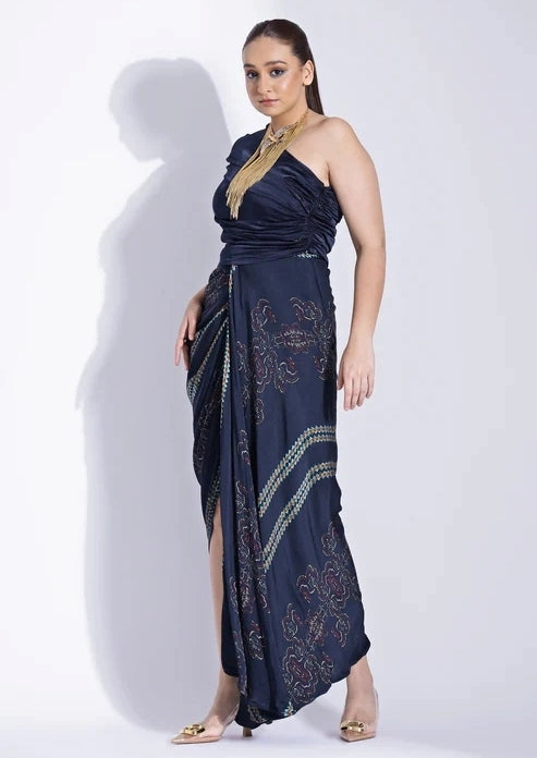 Deep Blue Georgette Satin Kaftan Gown
