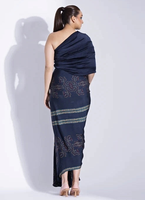 Deep Blue Georgette Satin Kaftan Gown