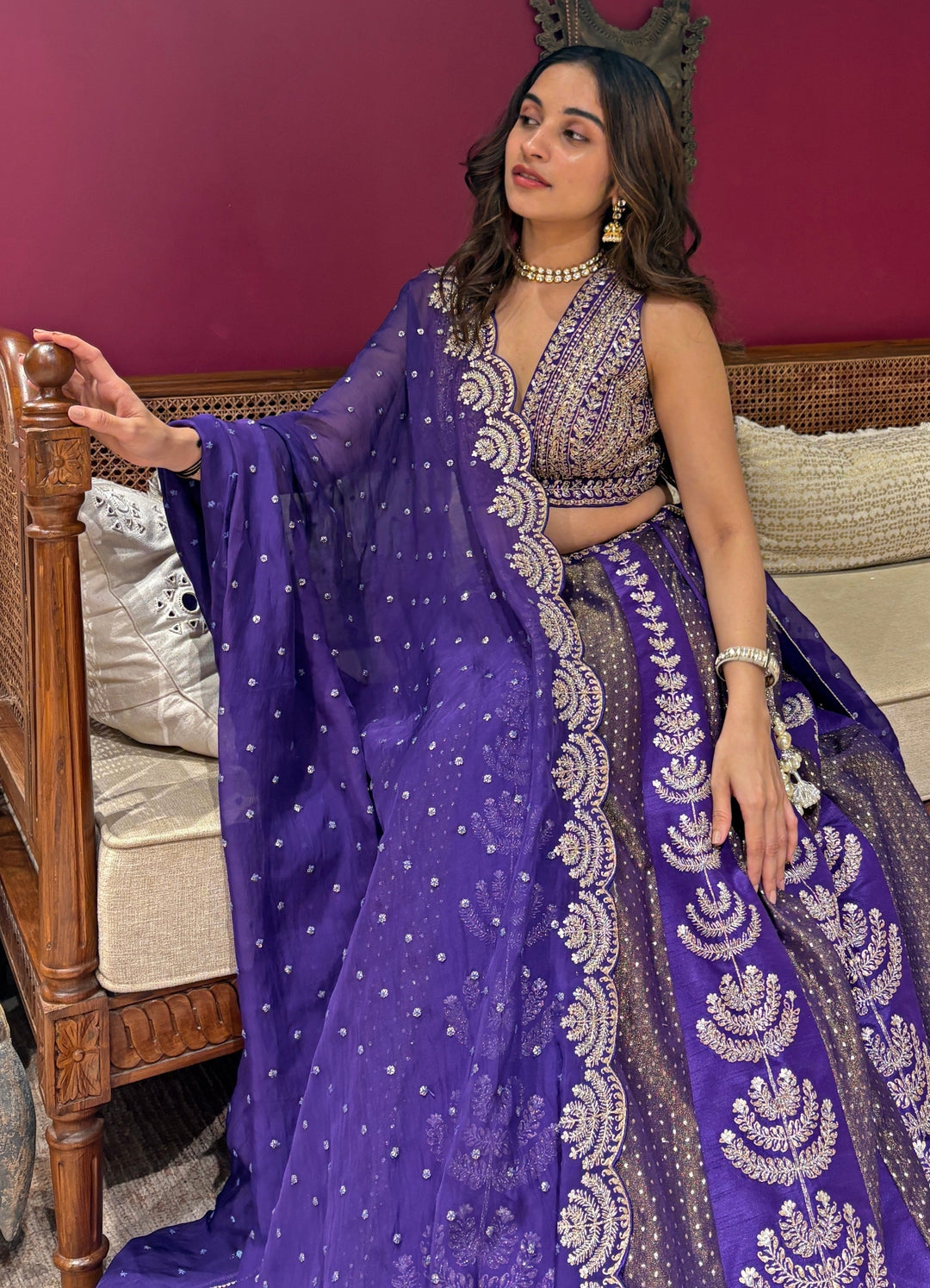 Purple Tissue Jamewar Lehenga