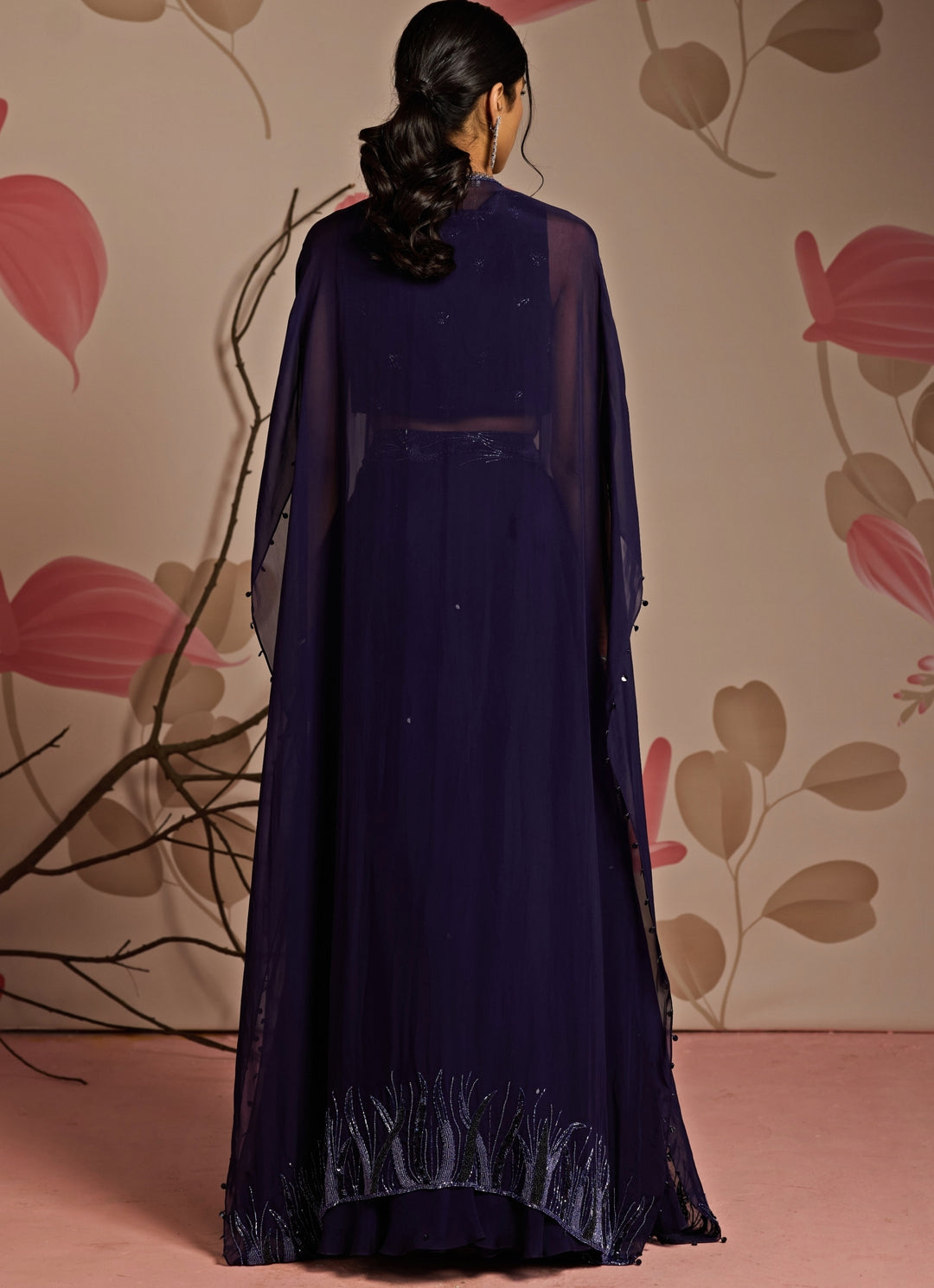 Midnight Blue Embroidered Cape Lehenga Set