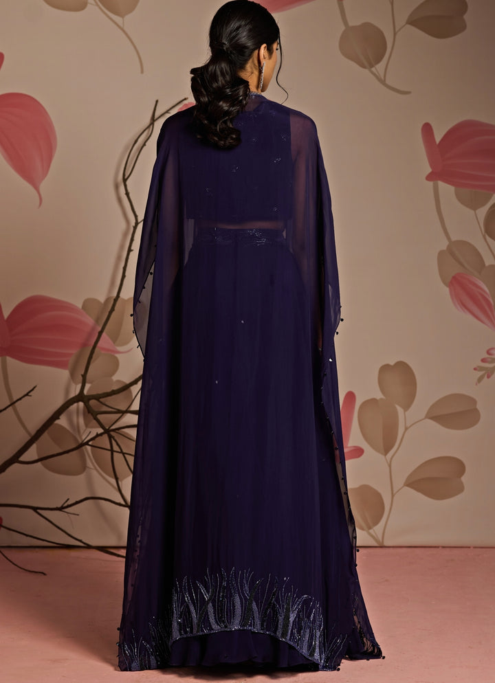 Midnight Blue Embroidered Cape Lehenga Set