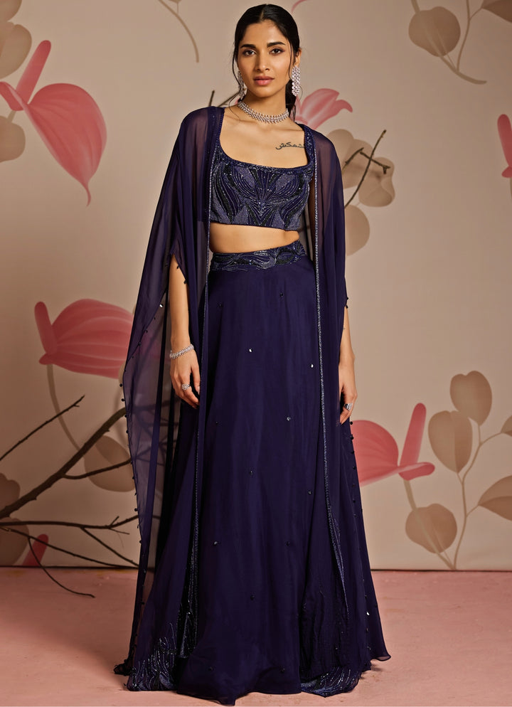 Midnight Blue Embroidered Cape Lehenga Set