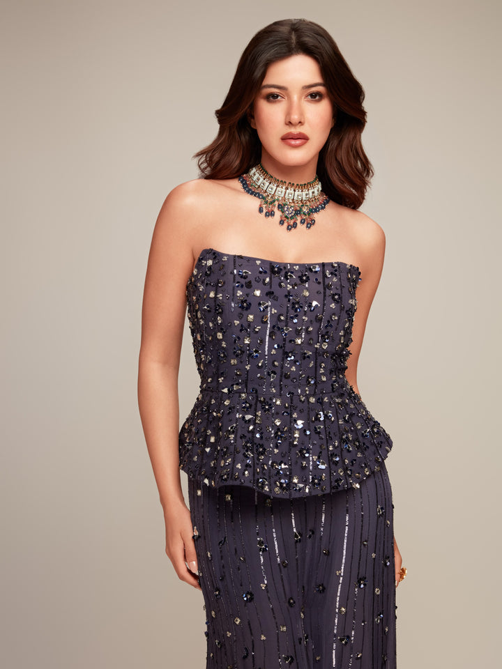 Midnight Blue Sequinned Corset Blouse Pants Set