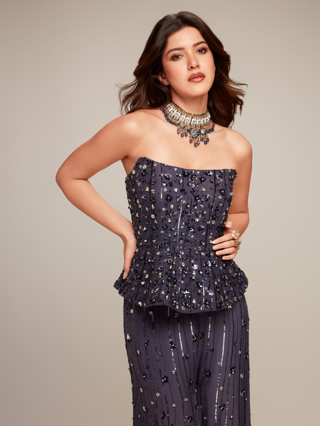 Midnight Blue Sequinned Corset Blouse Pants Set
