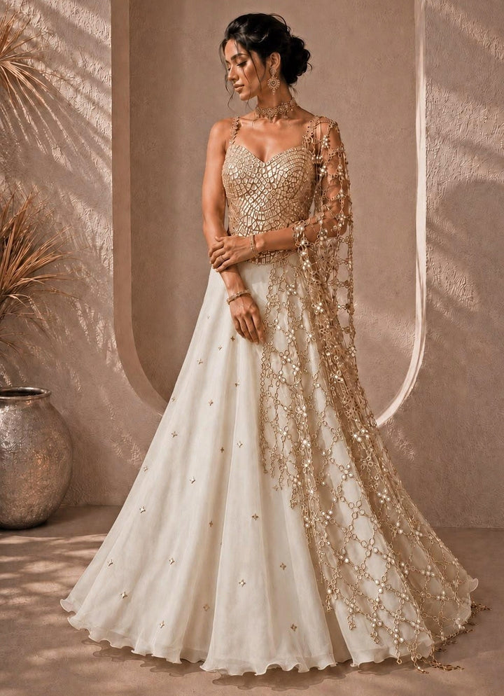 Ivory and Muted Gold Organza Lehenga with Corset Blouse
