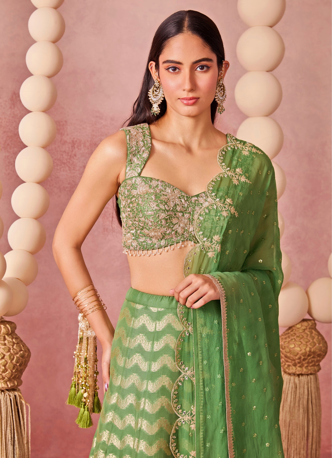 Green Jamewar Lehenga Set