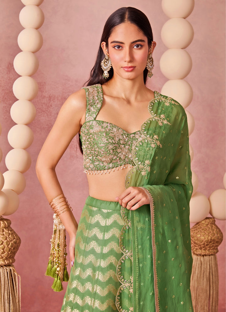 Green Jamewar Lehenga Set