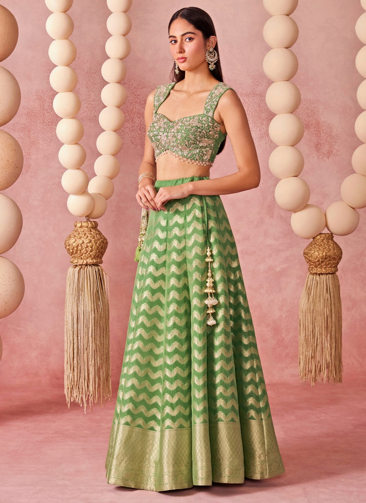 Green Jamewar Lehenga Set