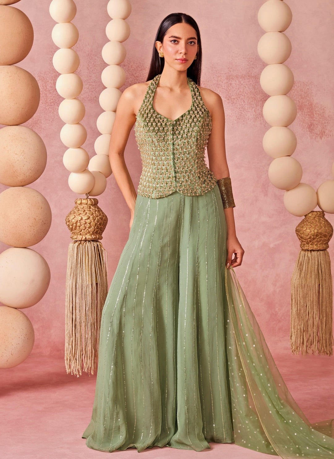 Sage Green Organza Flared Pants Set With Corset