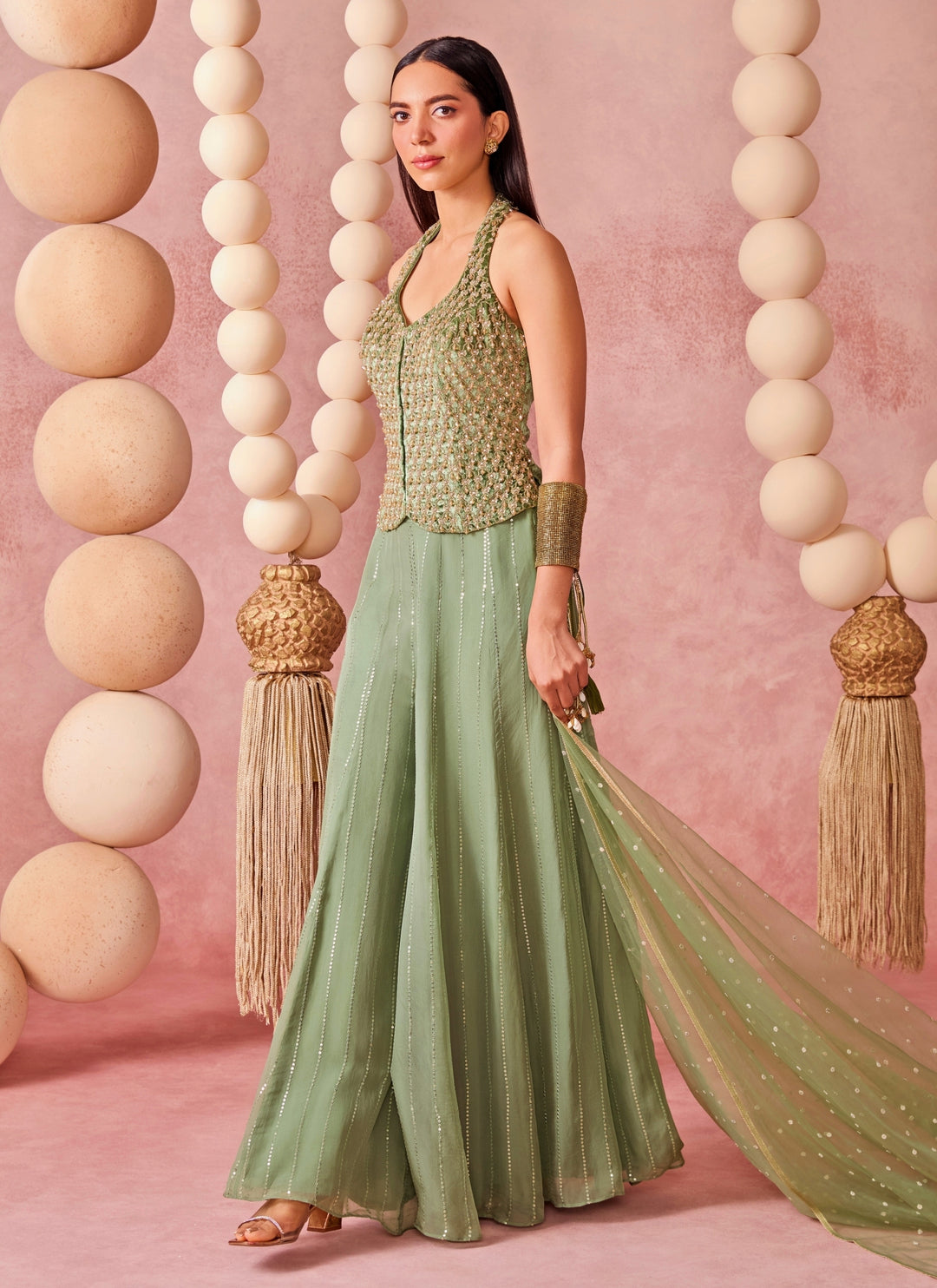 Sage Green Organza Flared Pants Set With Corset