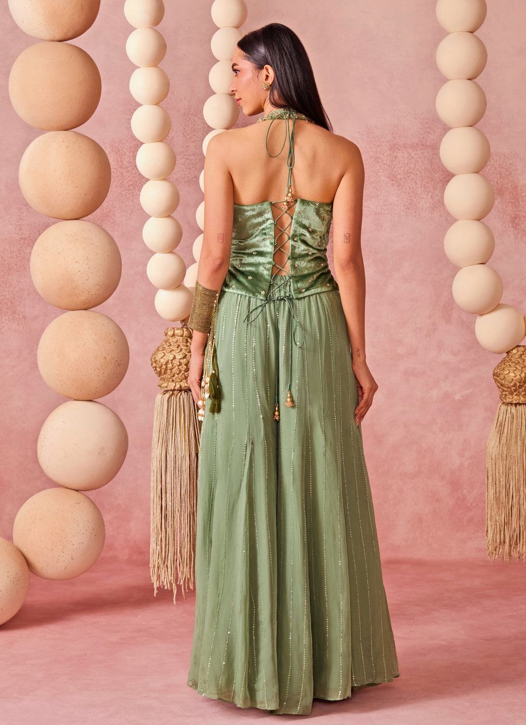 Sage Green Organza Flared Pants Set With Corset