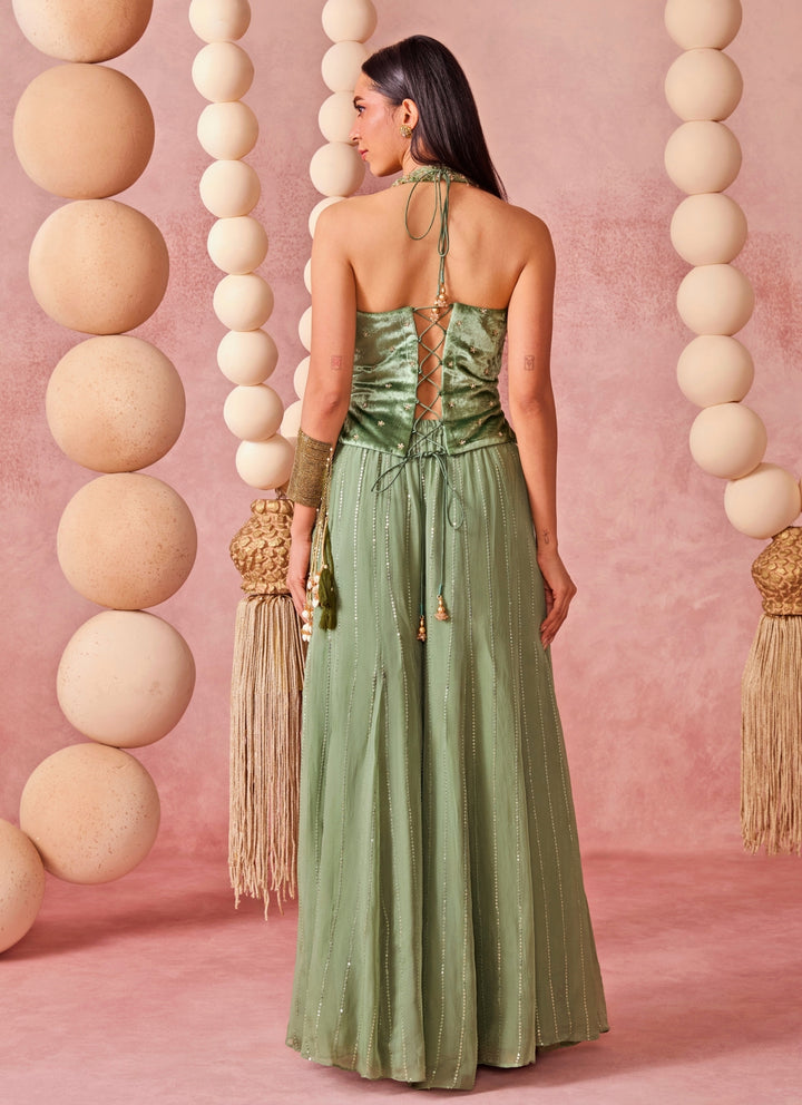 Sage Green Organza Flared Pants Set With Corset