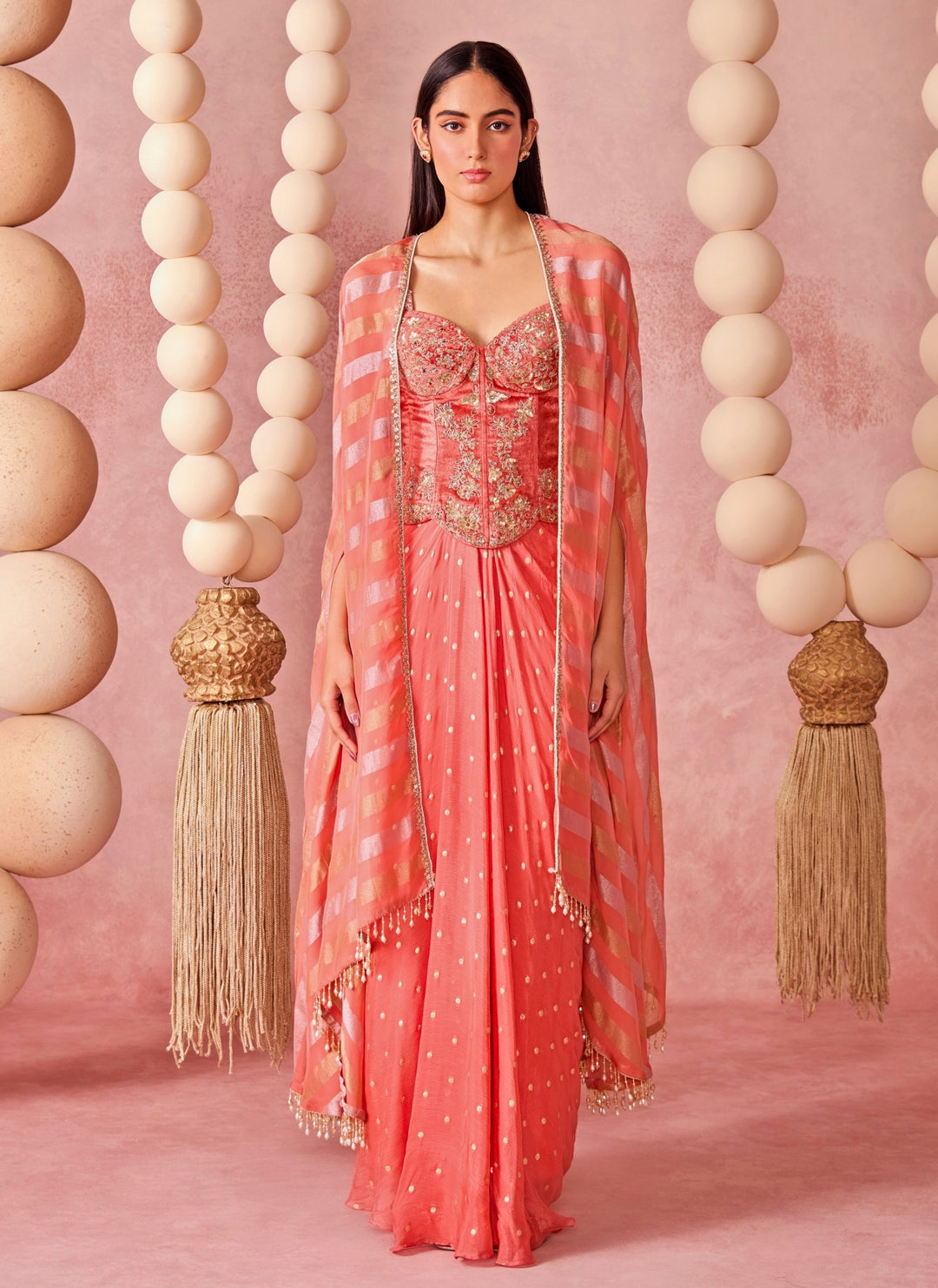 Coral Georgette Drape Skirt Set With Corset And Cape