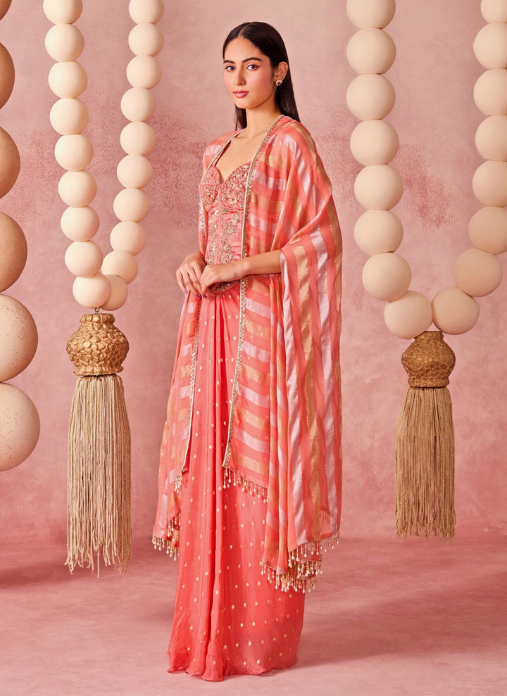 Coral Georgette Drape Skirt Set With Corset And Cape