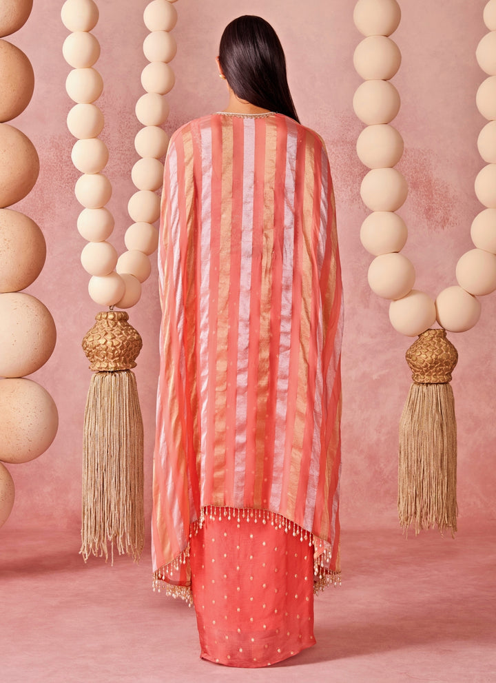 Coral Georgette Drape Skirt Set With Corset And Cape