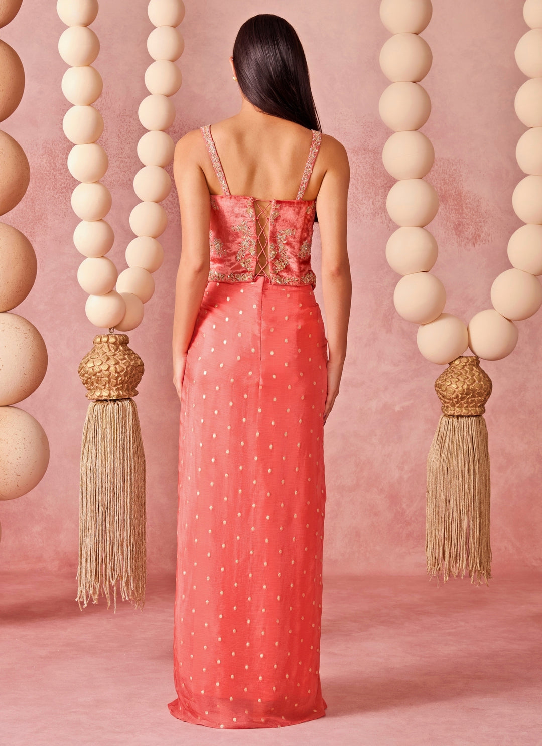 Coral Georgette Drape Skirt Set With Corset And Cape